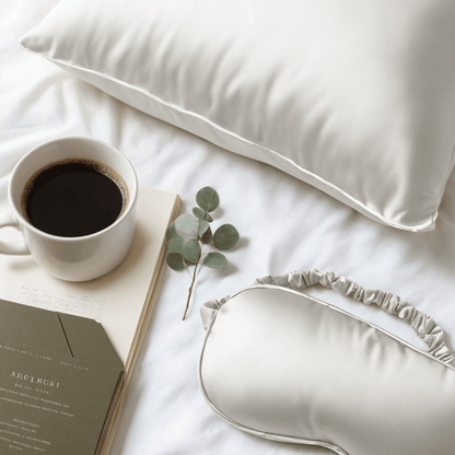 De Zelesta Sleeping Beauty Set in Pearl White staat op een wit bed, vergezeld van een kop zwarte koffie, boeken en een takje eucalyptus.