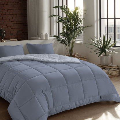 In een moderne slaapkamer met grote ramen staat een keurig opgemaakt bed in het Zelesta Comfort Duo Dekbed in ijsblauw & zachtblauw, aangevuld met kussens, kamerplanten en gestapelde boeken op de vloer.
