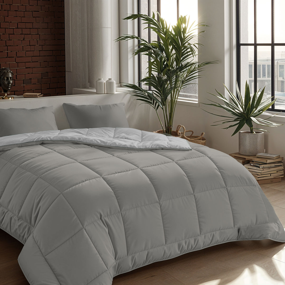 Een keurig opgemaakt bed met het Zelesta Comfort Duo Dekbed in Grijs & Zacht grijs staat bij grote ramen, omringd door potplanten en gestapelde boeken in een moderne, zonovergoten slaapkamer - ideaal voor fans van klassieke dekbedden.