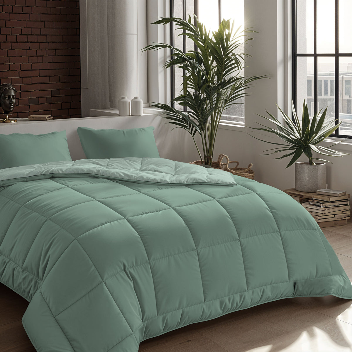 Een slaapkamer met het Zelesta Comfort Duo Dekbed in mintgroen & lichtgroen op het bed, met een groot overrek, twee kussens, grote ramen, kamerplanten en een witte bakstenen accentmuur.