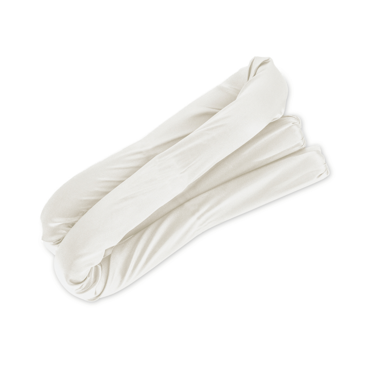 De Zelesta Sleeping Beauty Set in Pearl White heeft een zachte, opgerolde hittevrije kruller tochtstopper met een stoffen bekleding, afgebeeld op een effen witte achtergrond.