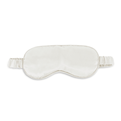 De Zelesta Sleeping Beauty Set - Pearl White is een satijnen slaapmasker van zijde met elastische band, stijlvol gepresenteerd op een witte achtergrond.