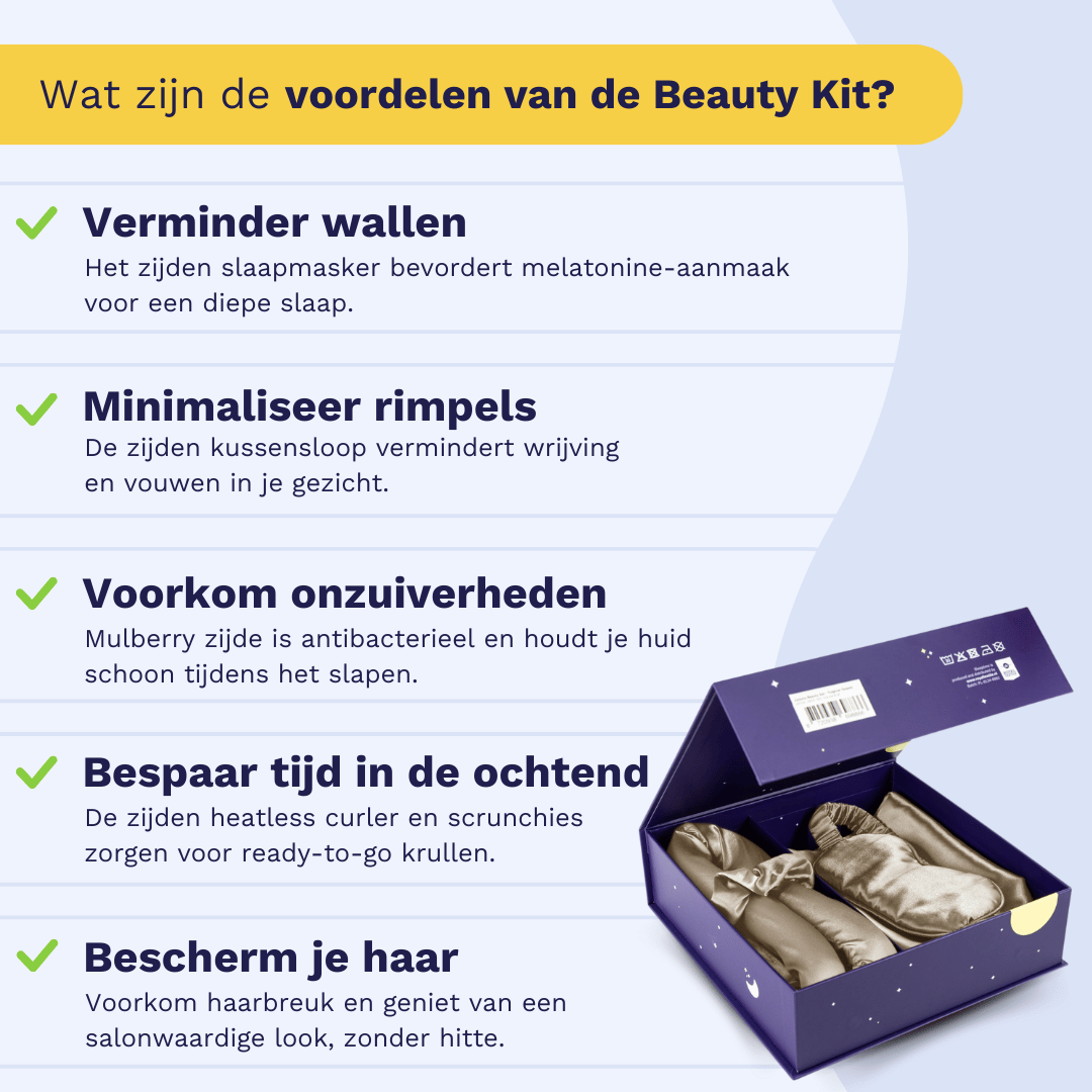 Nederlandstalige infographic met vijf voordelen van de Zelesta Sleeping Beauty Set - Amazing Anthracite, zoals anti-aging, minder wallen, minder rimpels, beschermde huid & haar, en tijdsbesparing - plus een open doos en moerbei zijden kussensloop afgebeeld.