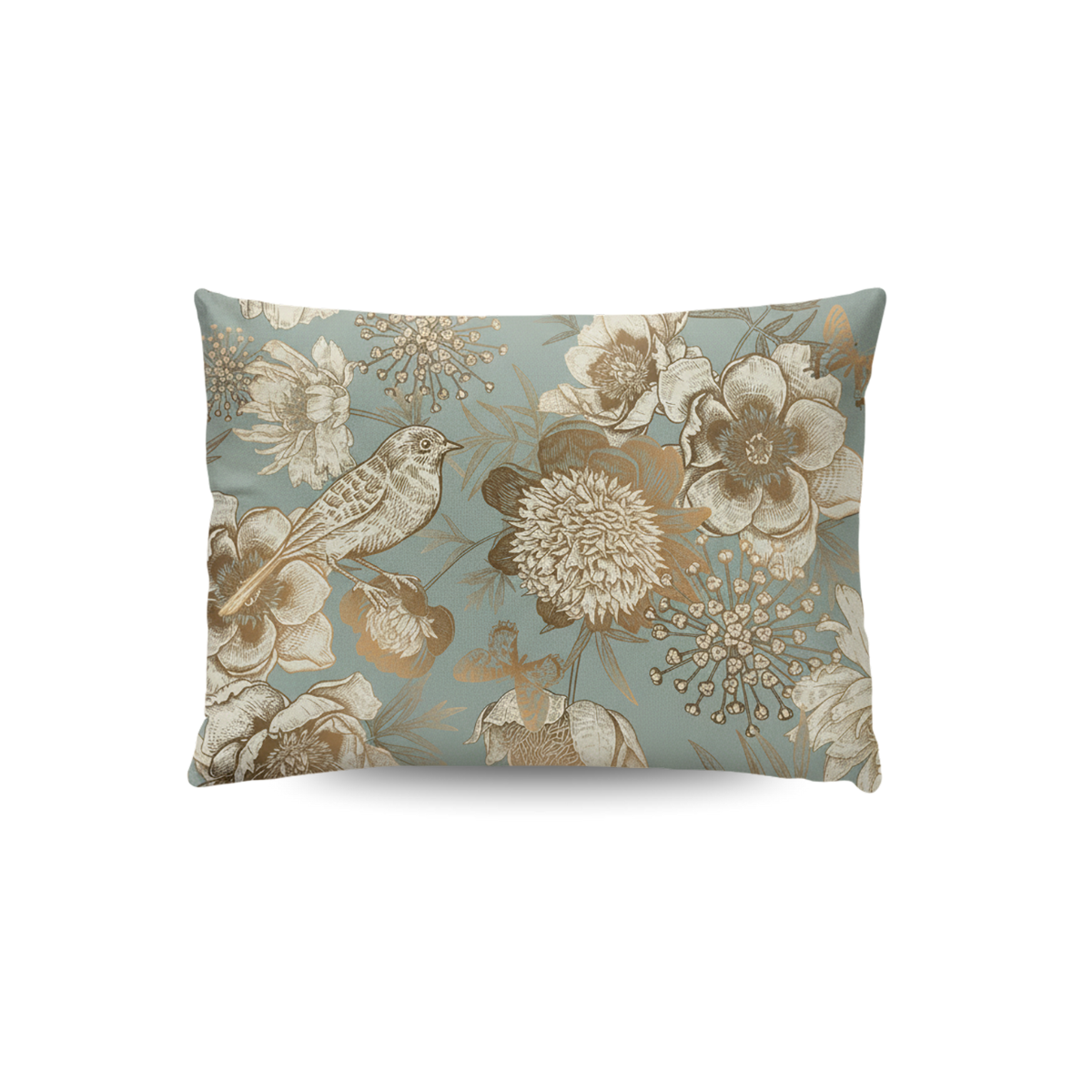 Zelesta Wonderbed Kussensloop Set van 2 - Botanic Chique: rechthoekige microvezel kussenslopen met blauwe achtergrond en een botanisch dessin met bloemen en vogels in beige en goudtinten.