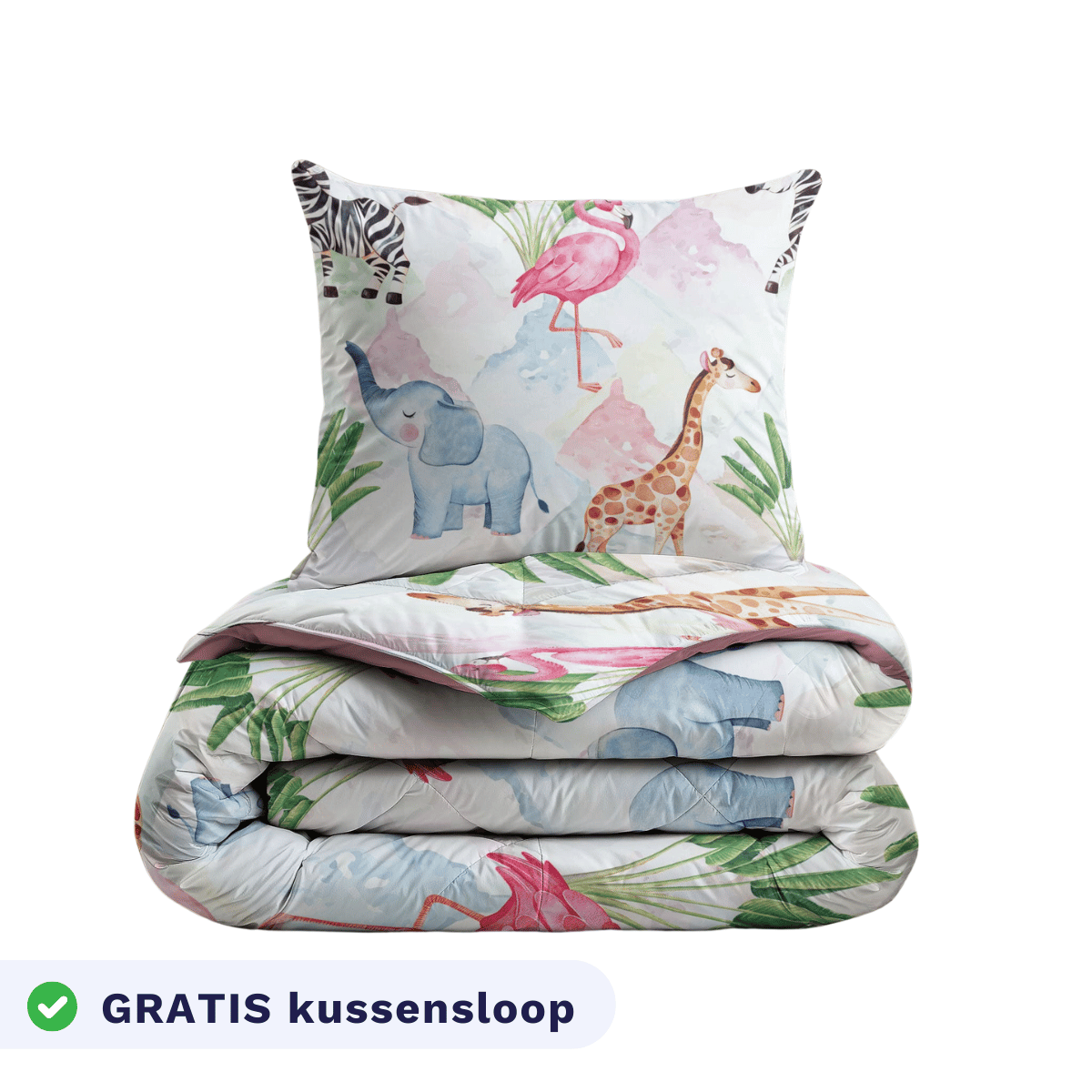 De Zelesta Kiddybed - Colourful Animals beddenset bestaat uit een kussen, dekbed en GRATIS kussensloop met kleurrijke prints van olifanten, giraffen, zebra's en flamingo's. Met dekbed overtrek in één en temperatuurregulerend materiaal.
