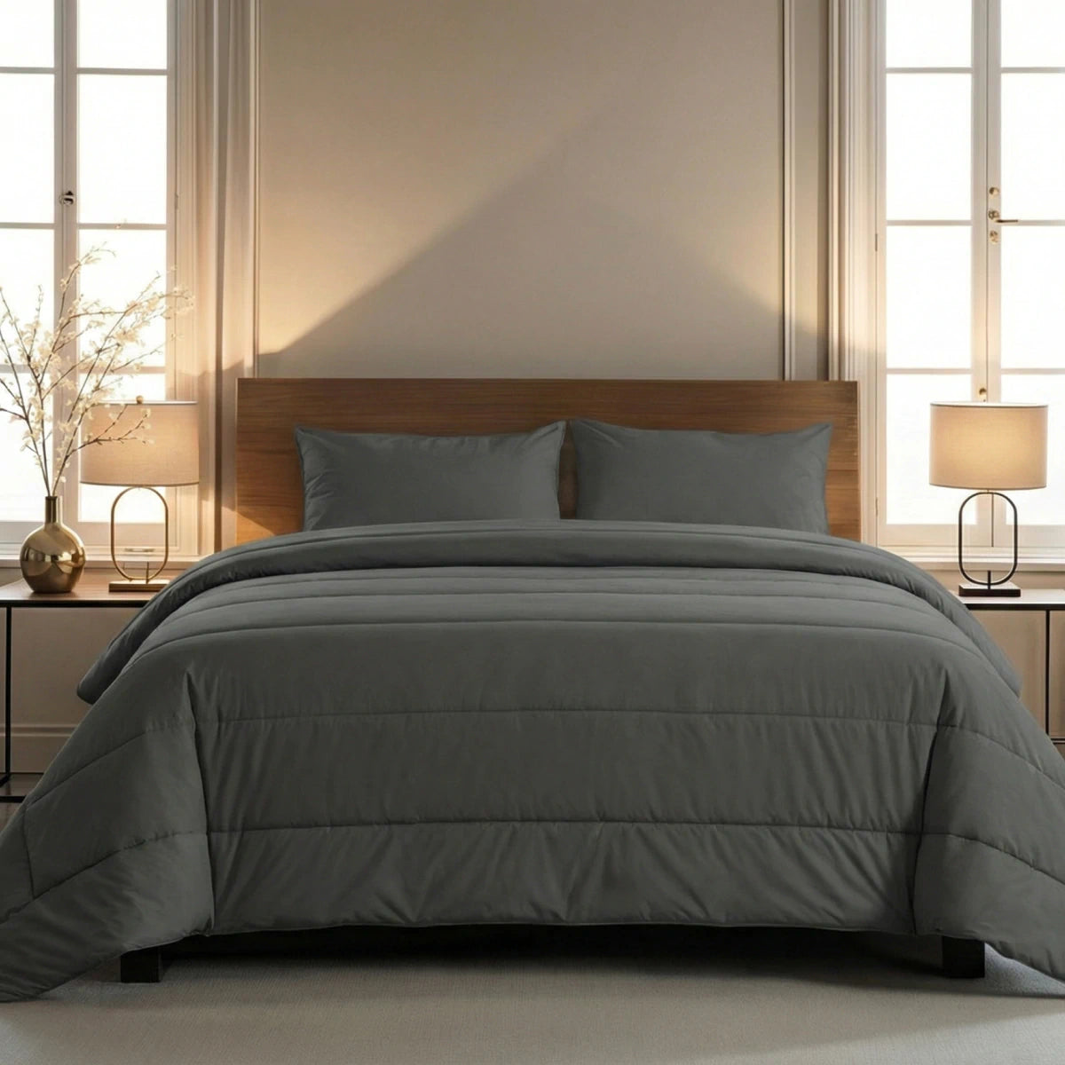 Een bed met een houten hoofdbord, twee lampen en extra comfort met een Zelesta Comfort Uni kussenslopen set van 2 in antraciet, perfect voor 60x70cm microvezel hoofdkussens.