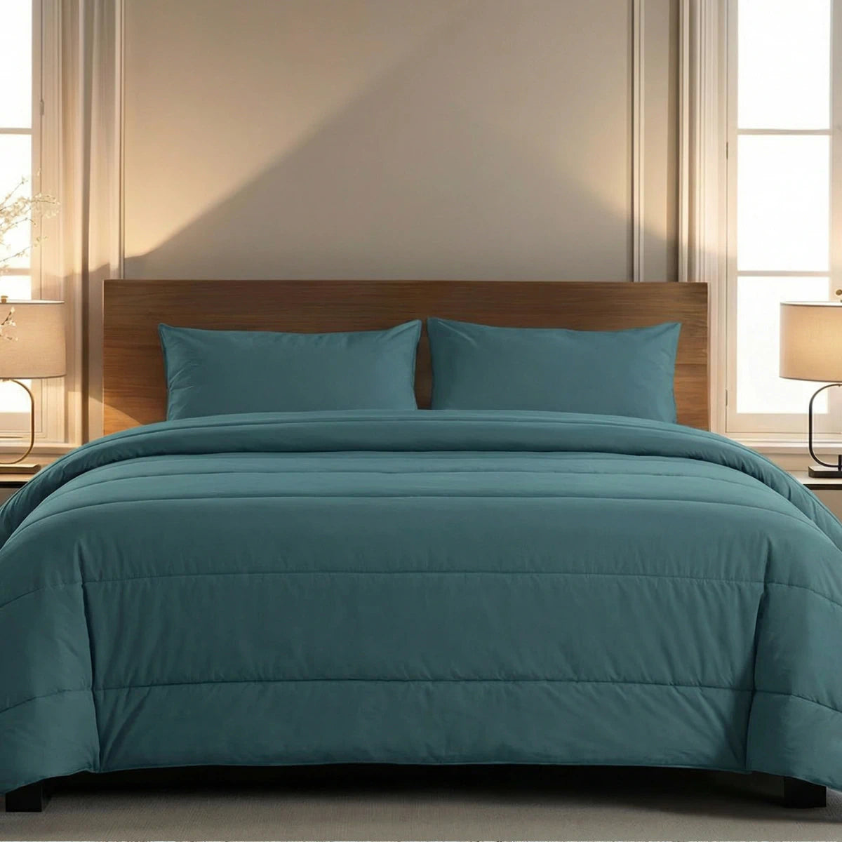 Een netjes opgemaakt bed met het Zelesta Comfort Uni Dekbed - Zeegroen voor comfort het hele seizoen door, houten hoofdbord, kussens, twee nachtkastjes met lampen en twee hoge ramen in een neutraal gekleurde kamer.