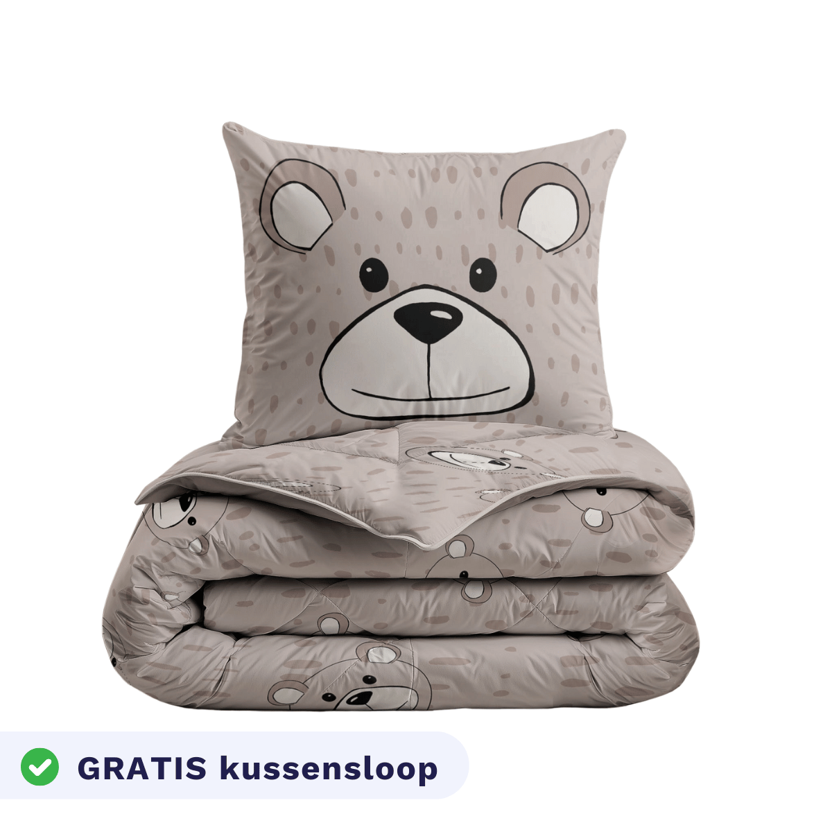 De Zelesta Kiddybed - Happy Bear set bestaat uit een opgevouwen beddengoed met een teddyberengezicht, bijpassende kussensloop en dekbedovertrek. Het is gemaakt van anti-allergisch materiaal en heeft een Nederlands label: GRATIS kussensloop.