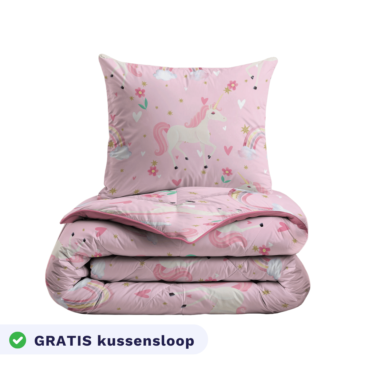 De Zelesta Kiddybed - Rainbow Unicorn set bestaat uit roze beddengoed met een eenhoorn-thema en een bijpassende kussensloop met regenbogen, sterren en hartjes. GRATIS kussensloop. Het anti-allergisch dekbed is wasbaar en ideaal voor ieder kinderbed.