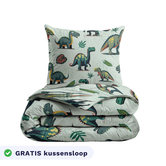 Het Zelesta Kiddybed - Dino is een hypoallergeen kinderdekbedovertrek met dinosaurusprint. Het bestaat uit een dekbedovertrek en een gratis kussensloop, zoals te zien is op het Nederlandse label - ideaal voor de gevoelige huid.