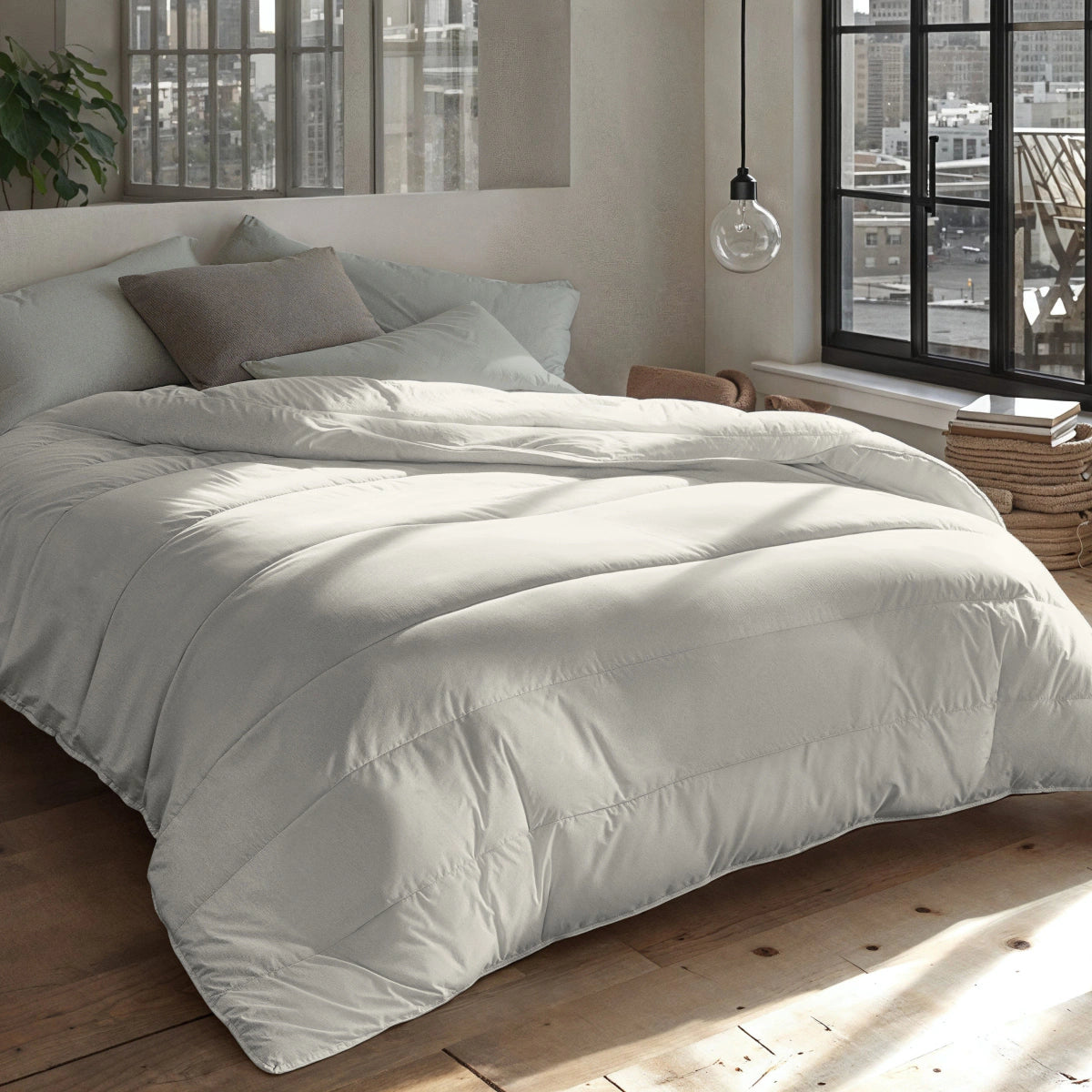 Een netjes opgemaakt bed met het Zelesta Everyday Uni Dekbed - Crème - een dekbed voor alle seizoenen en overtrek in één - in een moderne slaapkamer met grote ramen, overvloedig natuurlijk licht en uitzicht op de stad.
