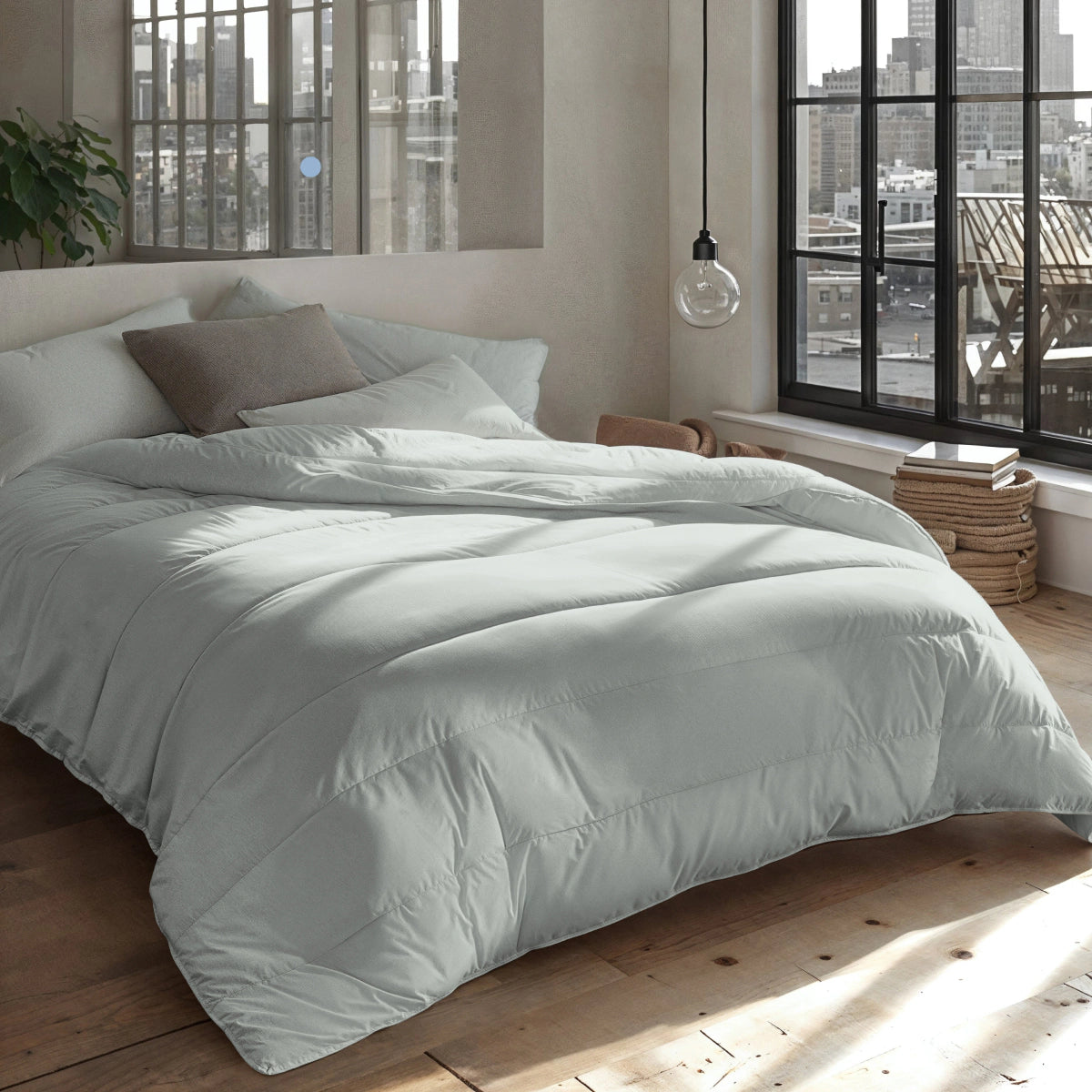 Een netjes opgemaakt bed met het lichtgroene Zelesta Everyday Uni Dekbed - Mistgroen staat bij grote ramen in een moderne slaapkamer in loft-stijl met houten vloeren en een neutrale inrichting, en biedt perfect comfort voor het hele seizoen.