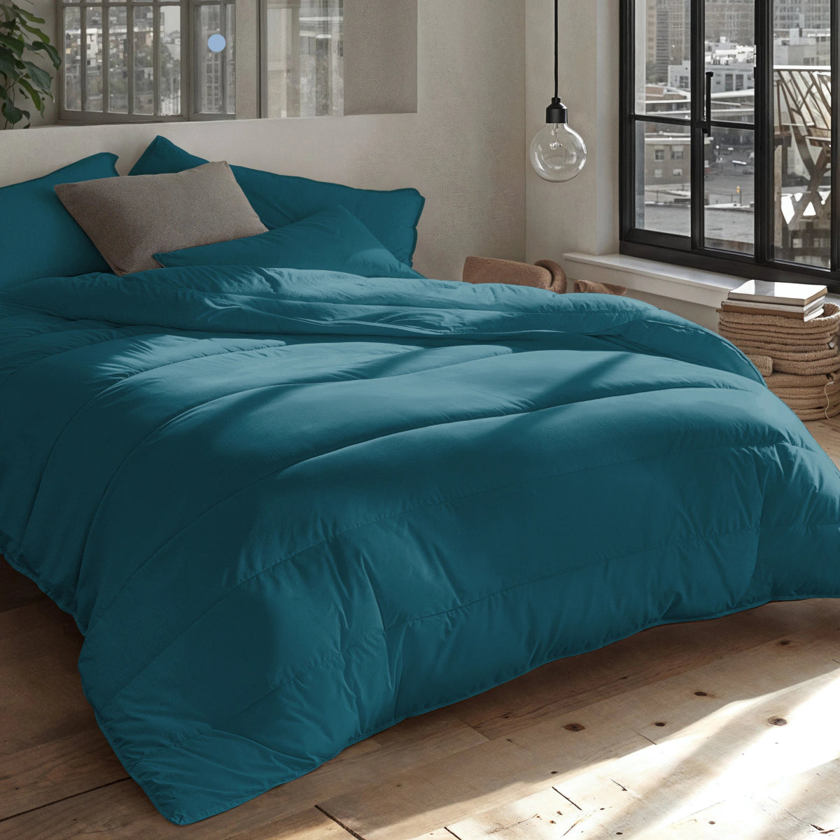 Een keurig opgemaakt bed met donkerblauw beddengoed en kussens staat het Zelesta Everyday Uni Dekbed - Nachtblauw, in een slaapkamer met grote ramen die uitkijken over een stadslandschap.