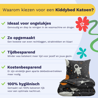 Infographic met voordelen van Zelesta Kiddybed Katoen - Space Man: makkelijk schoon te maken, snel op te maken, bespaart tijd en geld, 100% hygiënisch en anti-allergie beddengoed, plus een afbeelding van wasbare kinderdekbedovertrekken.