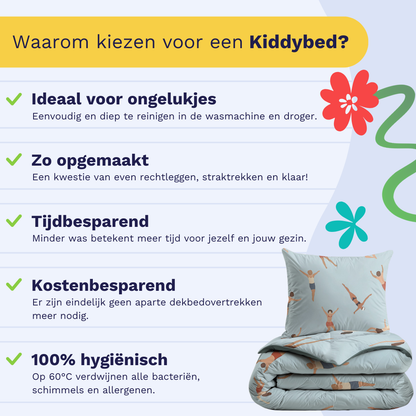Infographic over de voordelen van het Zelesta Kiddybed Katoen - Swimmers met een opgestapeld kussen en anti-allergisch kinderdekbed, met aandacht voor gemak, hygiëne en kostenbesparingen in vijf punten.
