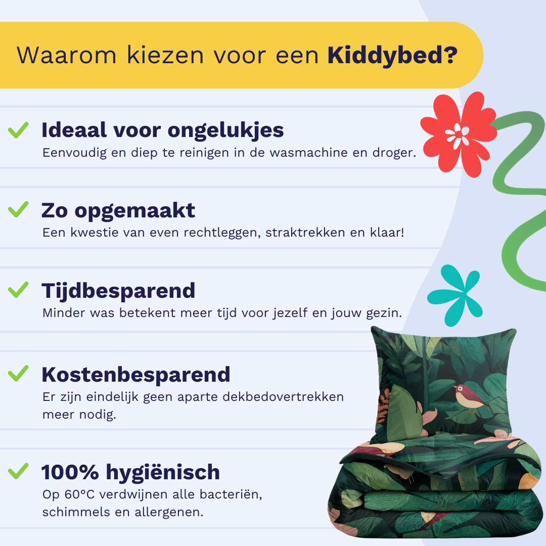 Nederlandstalige infographic met vijf redenen voor de Zelesta Kiddybed Katoen - Jungle Journey: groene vinkjes, bed met bladpatroon en vogels, temperatuurregeling en wasbaar hypoallergeen Kiddybed-dekbed.