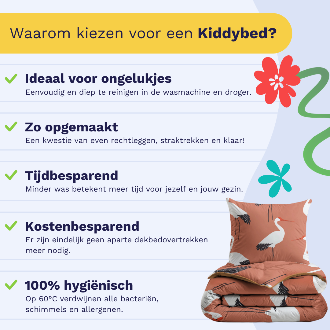 Infographic met 5 redenen om voor het Zelesta Kiddybed Katoen - Terra Crane te kiezen: gemakkelijk schoon te maken, snel op te zetten, bespaart tijd en geld, bevordert de hygiëne. Met een afbeelding van het hypoallergene dekbed met ooievaars voor de kinderkamer.
