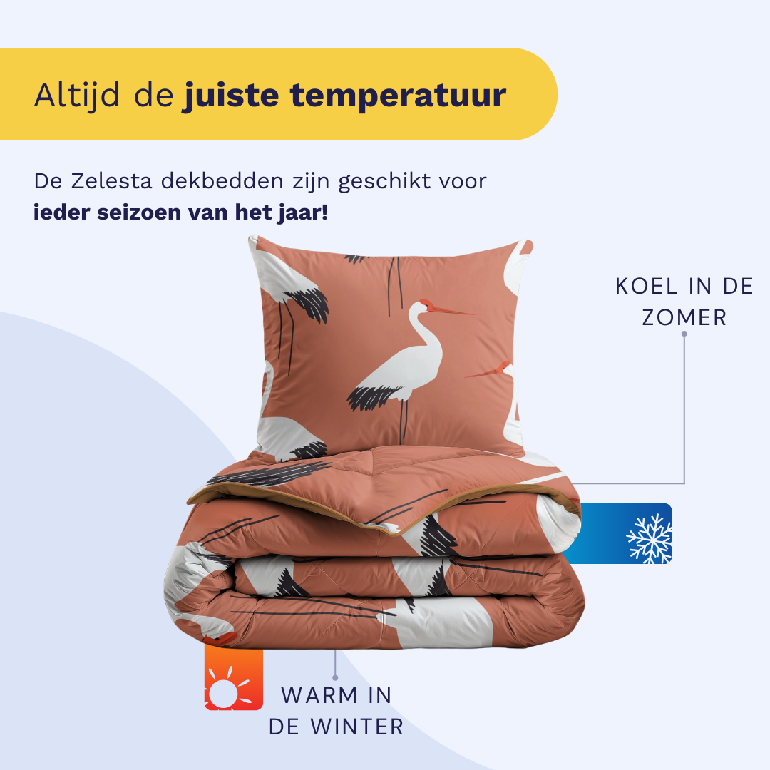 Het Zelesta Kiddybed Katoen - Terra Crane is een hypoallergeen dekbed met kraanvogelpatroon, perfect voor de kinderslaapkamer. Het is wasbaar, blijft koel in de zomer en warm in de winter-ideaal voor alle seizoenen.