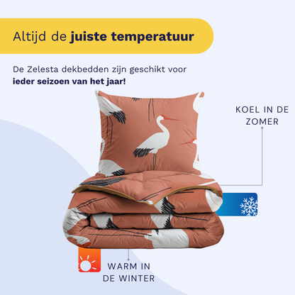 Het Zelesta Kiddybed Katoen - Terra Crane is een hypoallergeen dekbed met kraanvogelpatroon, perfect voor de kinderslaapkamer. Het is wasbaar, blijft koel in de zomer en warm in de winter-ideaal voor alle seizoenen.