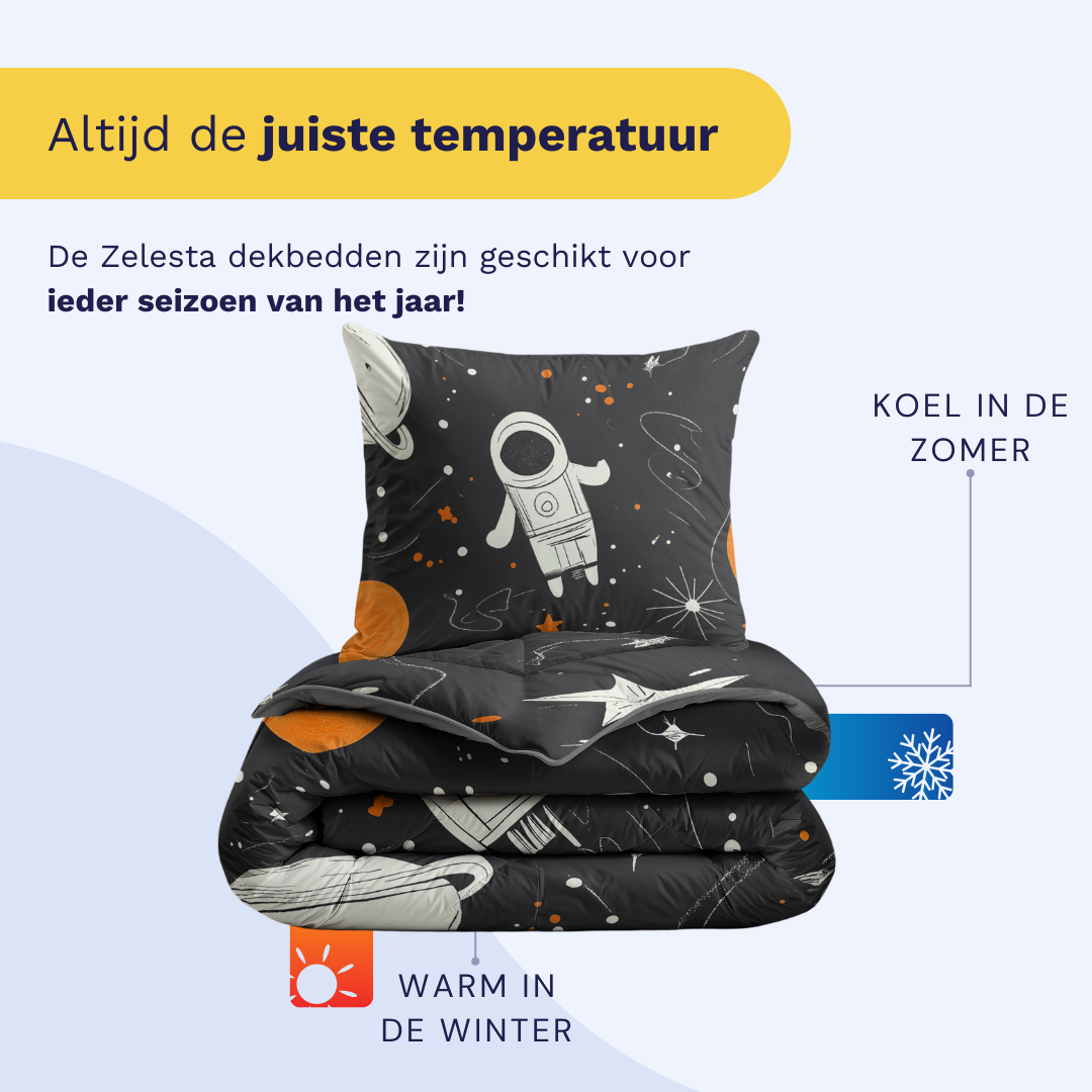 Het Zelesta Kiddybed Katoen - Space Man dekbed heeft een ruimtethema, is anti-allergeen, geschikt voor alle seizoenen, wasbaar en wordt geleverd met Nederlandse instructies.