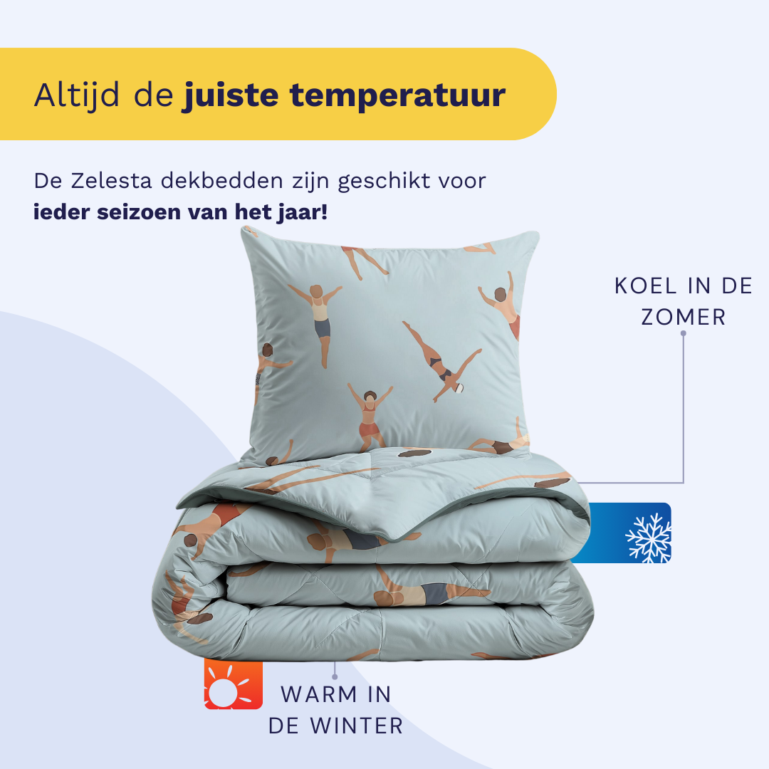 Het Zelesta Kiddybed Katoen - Swimmers is een blauw dekbed en kussenset met zwemmende figuren. Het blijft koel in de zomer, warm in de winter en biedt het hele jaar door comfort. Dit anti-allergische beddengoed is wasbaar voor eenvoudig onderhoud.