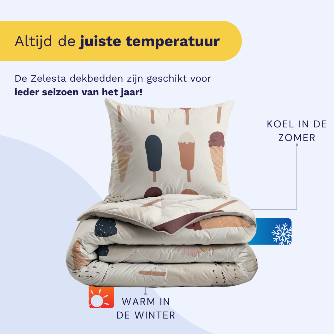 Het Zelesta Kiddybed Katoen - Gelato anti-allergisch dekbed met ijsjesprint en bijpassend kussen reguleert temperatuur: koel in de zomer, warm in de winter. Geschikt voor alle seizoenen.