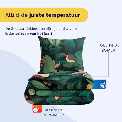 Het Zelesta Kiddybed Katoen - Jungle Journey dekbed heeft een groen blad- en vogelmotief. Het is hypoallergeen, warm in de winter, koel in de zomer en biedt kinderbed temperatuurregeling voor comfort het hele jaar door.