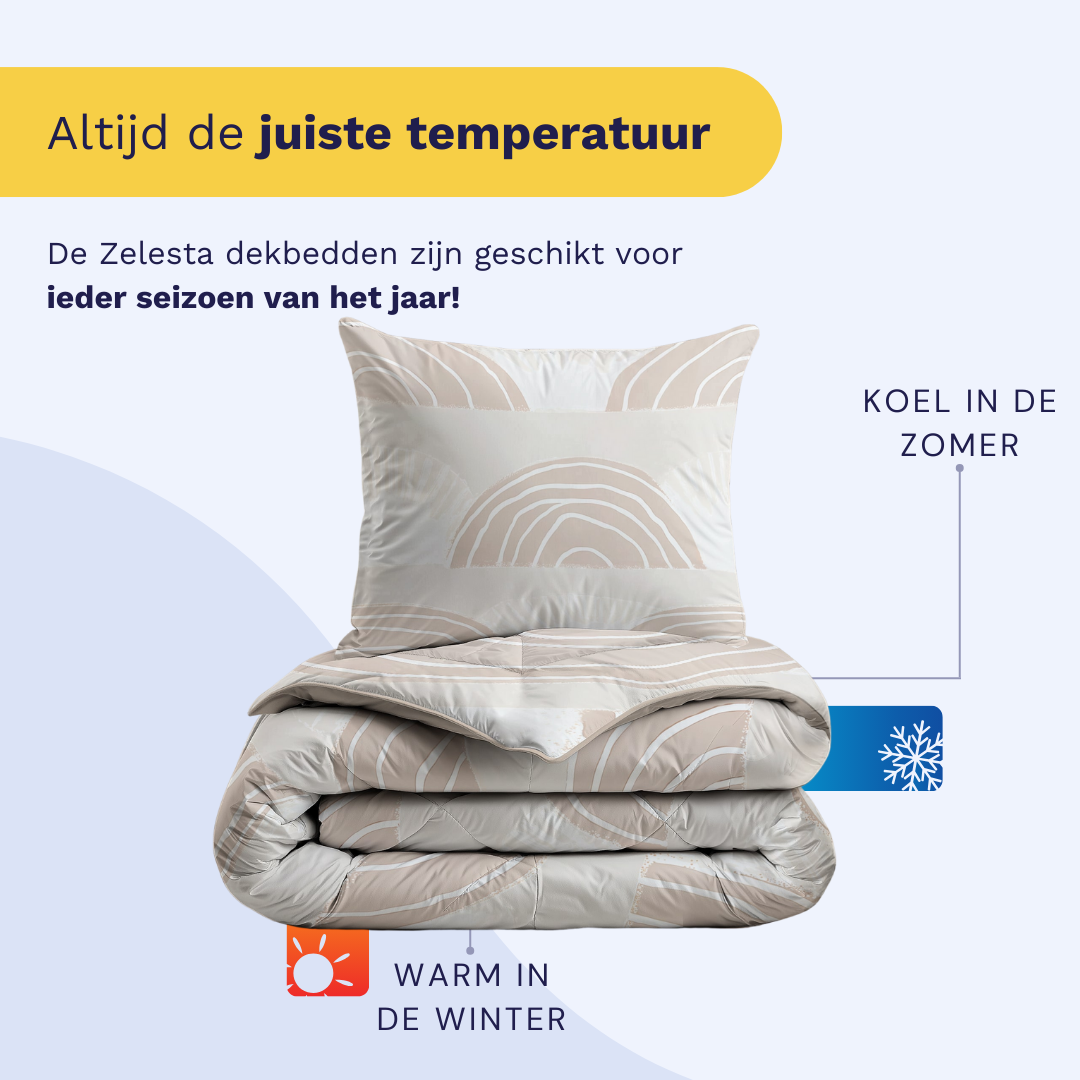 De Zelesta Kiddybed Katoen - Dune Dreams dekbedovertrekset heeft pictogrammen voor koele zomers en warme winters. De Nederlandse tekst benadrukt de temperatuurregeling het hele jaar door, ideaal als anti-allergisch dekbed of voor een wasbaar kinderbed.