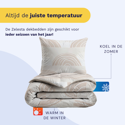 De Zelesta Kiddybed Katoen - Dune Dreams dekbedovertrekset heeft pictogrammen voor koele zomers en warme winters. De Nederlandse tekst benadrukt de temperatuurregeling het hele jaar door, ideaal als anti-allergisch dekbed of voor een wasbaar kinderbed.