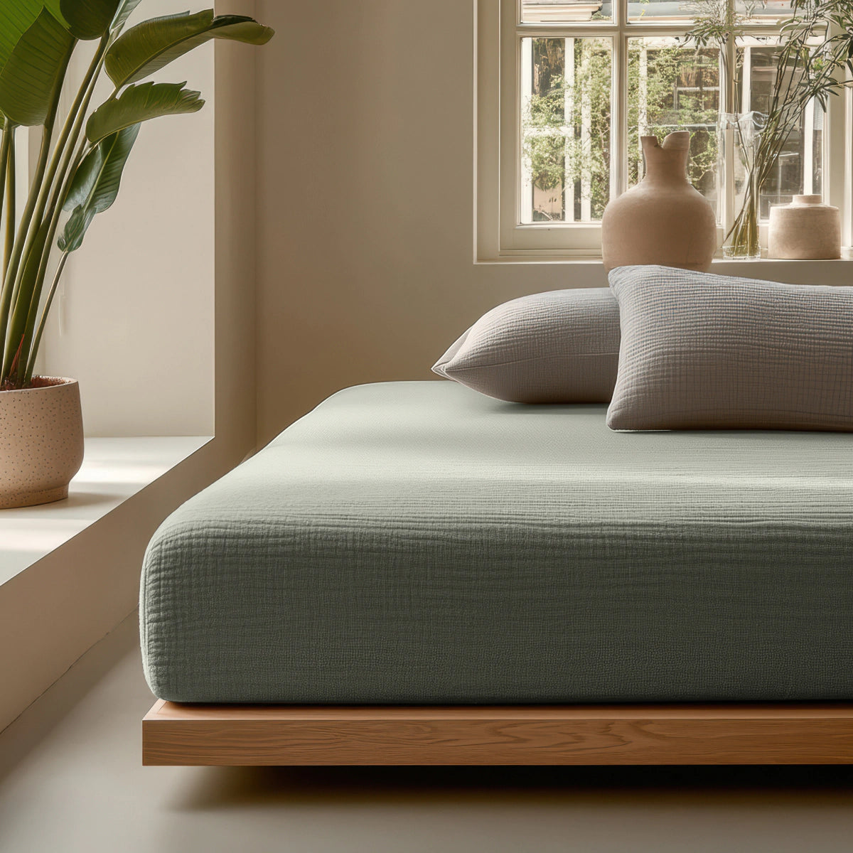 Minimalistische slaapkamer met een laag houten bed, Mousseline Hoeslaken - Grijsgroen beddengoed, twee kussens, potplanten en een raam dat de kamer vult met natuurlijk licht.
