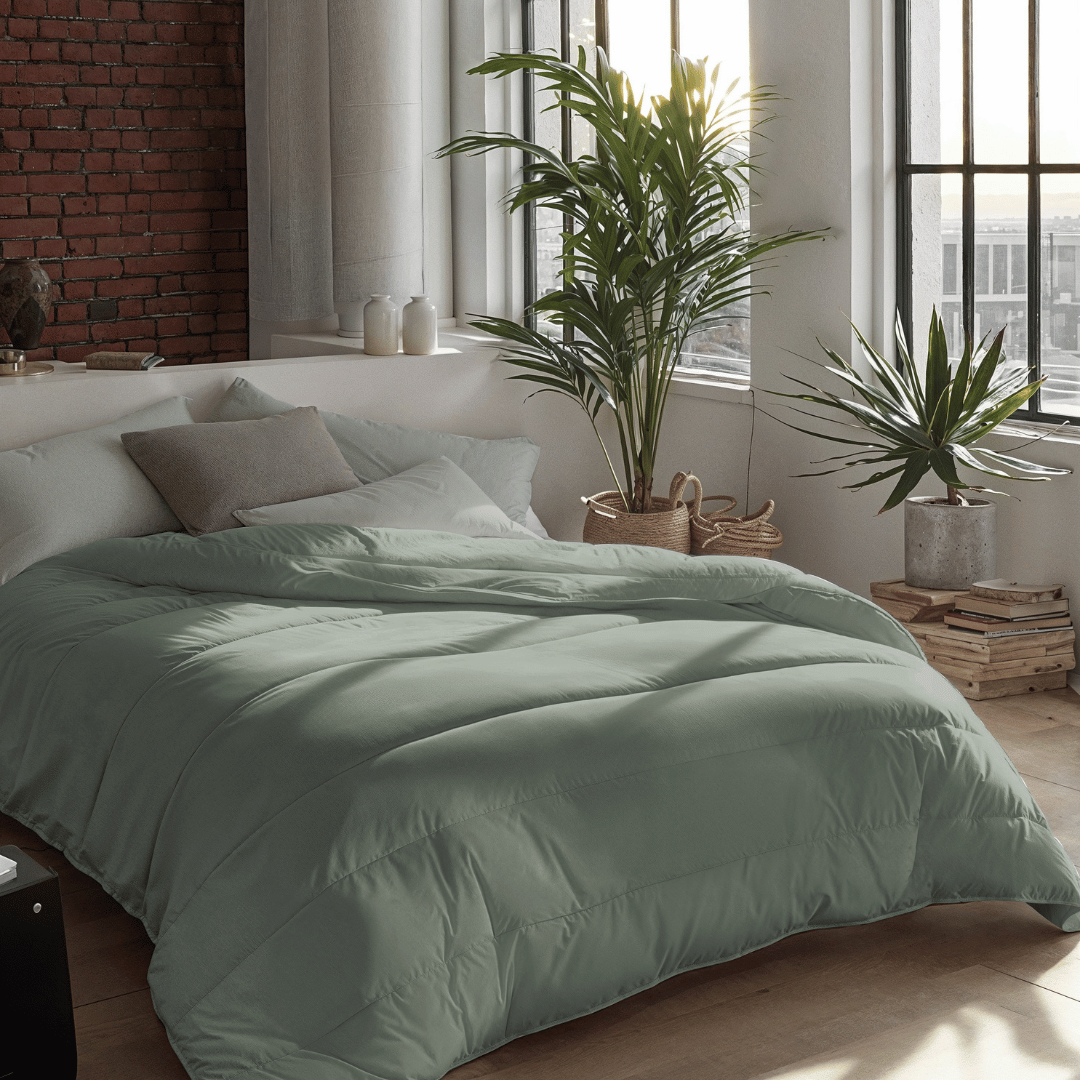 Een netjes opgemaakt bed met het Zelesta Royalbed - Pastel Green staat bij hoge ramen in een moderne slaapkamer met bakstenen muren, kamerplanten en natuurlijk zonlicht dat naar binnen stroomt.