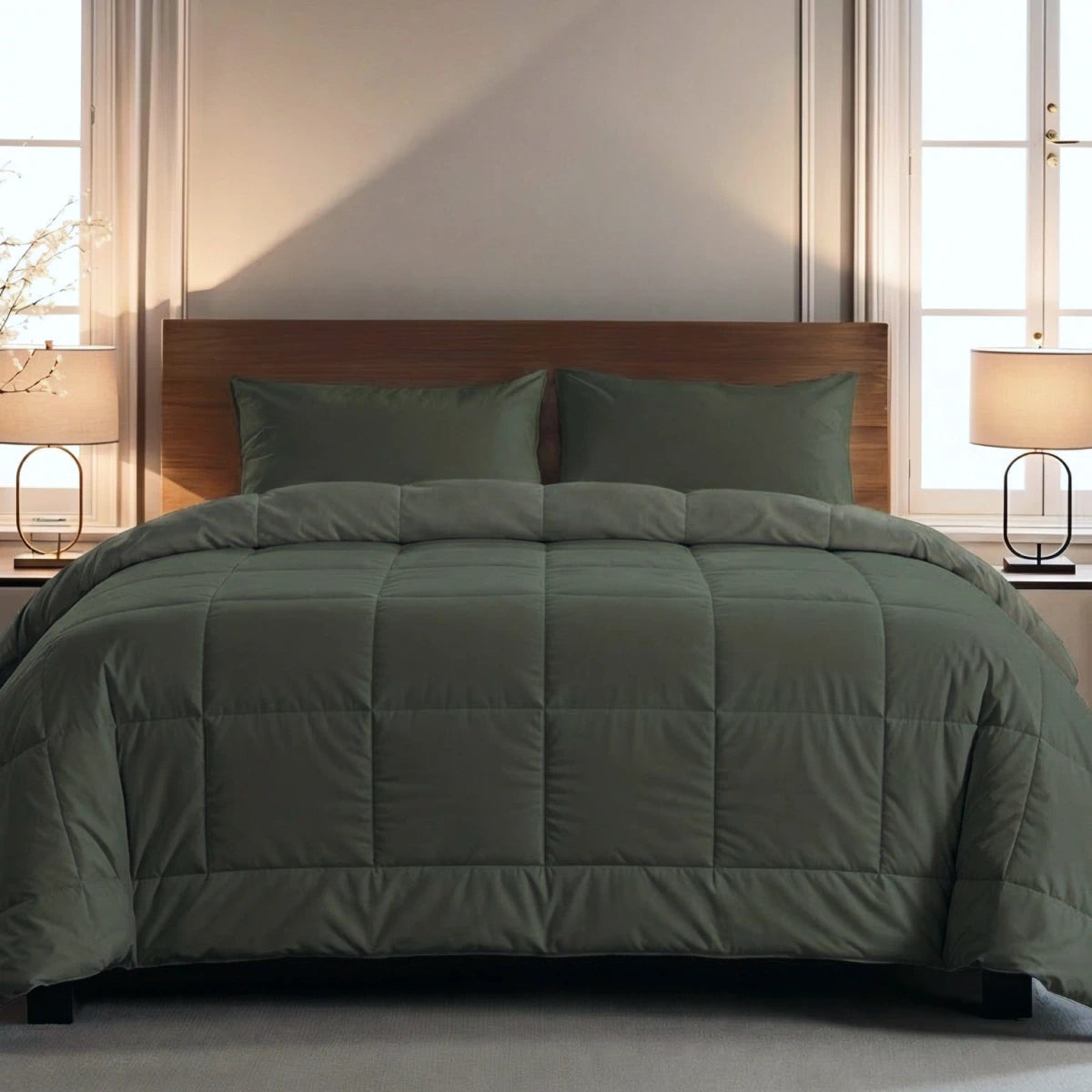 Een keurig opgemaakt bed met het Zelesta Pure Uni Dekbed Katoen - Olijfzwart en twee bijpassende kussens, tegen een houten hoofdeinde en geflankeerd door ramen, biedt ademend slaapcomfort met bedlampjes op elk tafeltje.