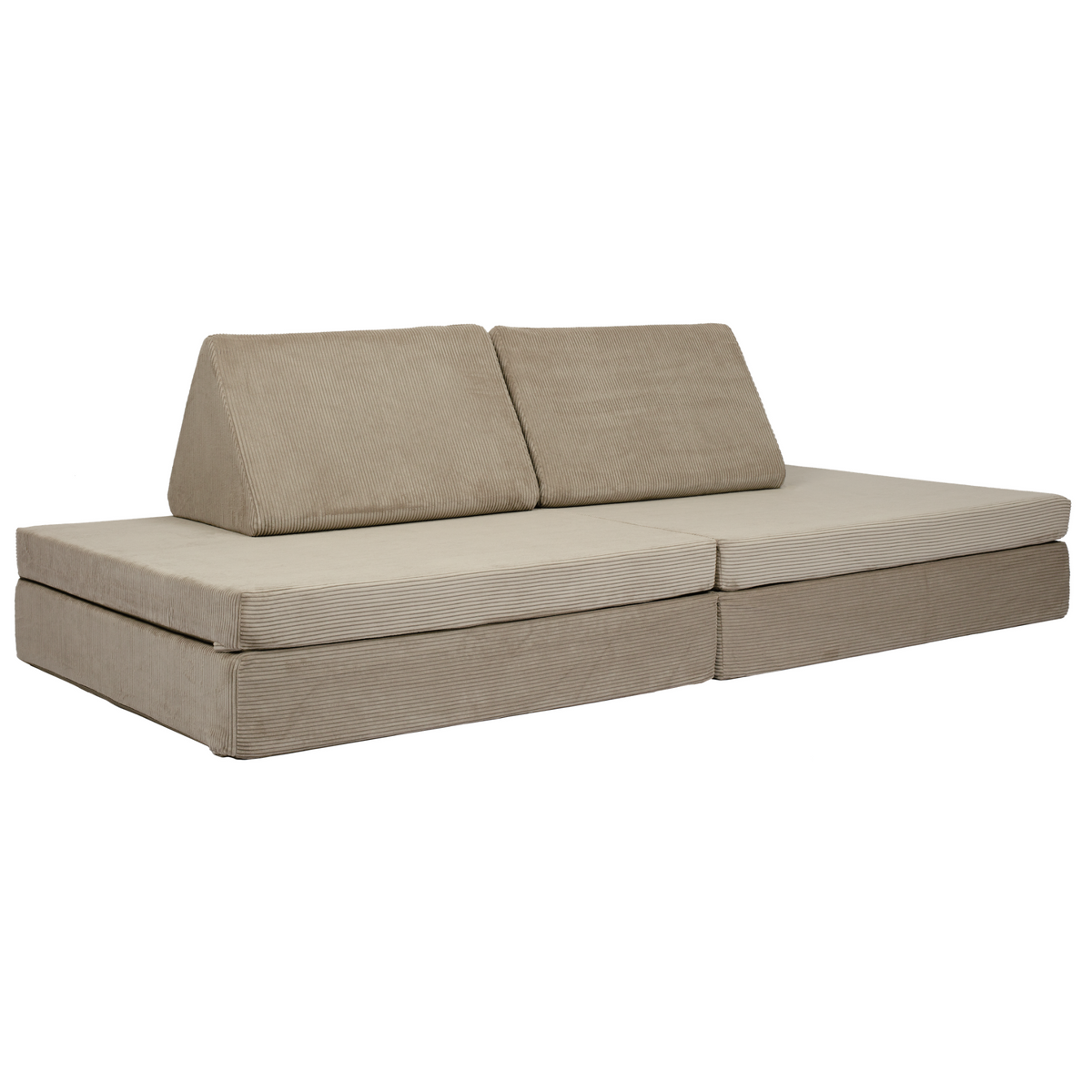 De BAAAP - De geliefde speelbank - Taupe Corduroy is een modulaire, taupe corduroy bank met twee schuine rugleuningen en een lage rechthoekige vorm - perfect als speelbank voor kinderen om urenlang van te genieten.