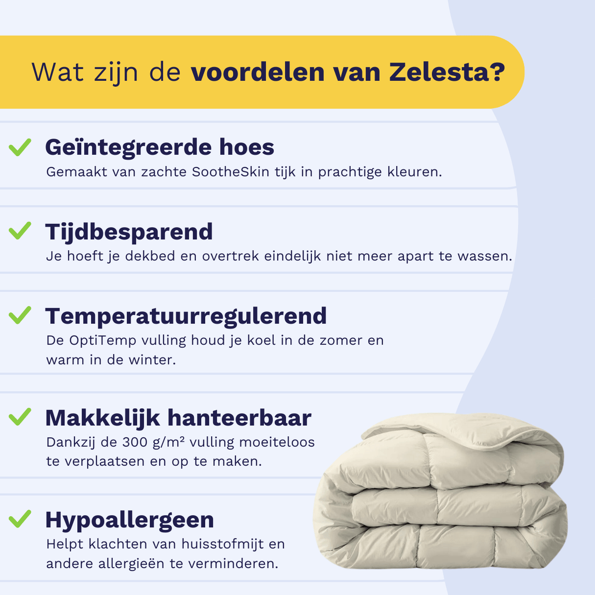 Infographic met vijf voordelen van het Zelesta Royalbed - Sand Beach beddengoed: dekbed en overtrek in één, tijdbesparend, temperatuurregulerend, makkelijk hanteerbaar en hypoallergeen - met een afbeelding van het All Season dekbed netjes opgevouwen.