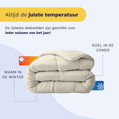 Het gevouwen dekbed met tekst en pictogrammen benadrukken dat het Zelesta Royalbed - Sand Beach je warm houdt in de winter en koel in de zomer - een slim dekbed en overtrek in één, perfect voor comfort het hele jaar door.