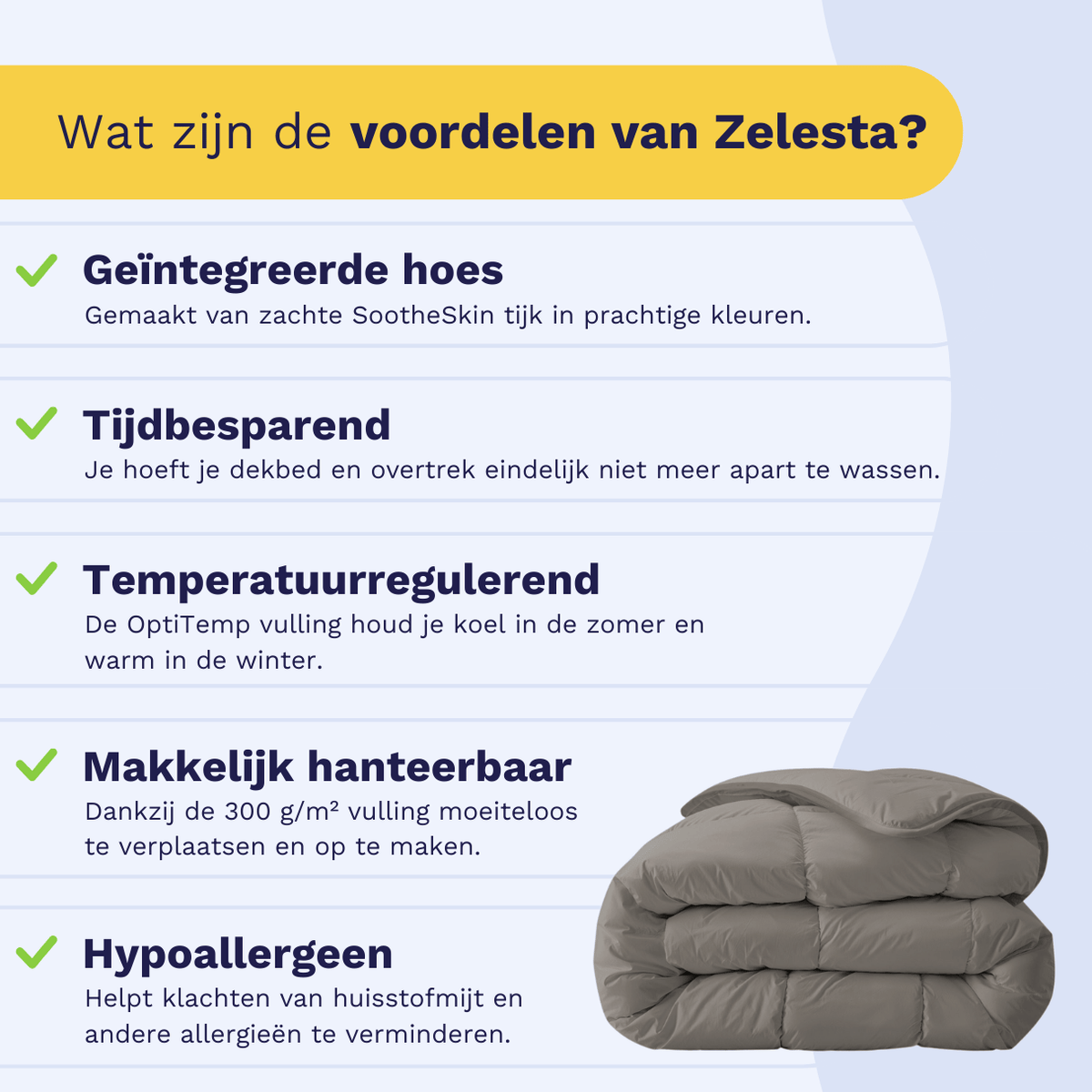 Infographic met pictogrammen belicht de voordelen van Zelesta Royalbed - Tender Grey: dekbed en overtrek in één, comfort voor alle seizoenen, zachte stof, temperatuurregulering, hypoallergeen; met rechts een gevouwen grijze deken.