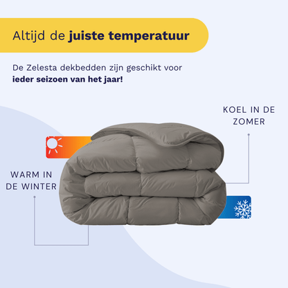 Opgevouwen grijs dekbed met pictogrammen die laten zien dat het je warm houdt in de winter en koel in de zomer; het Zelesta Royalbed - Tender Grey is een dekbed en overtrek voor alle seizoenen in één, perfect voor comfort het hele jaar door.