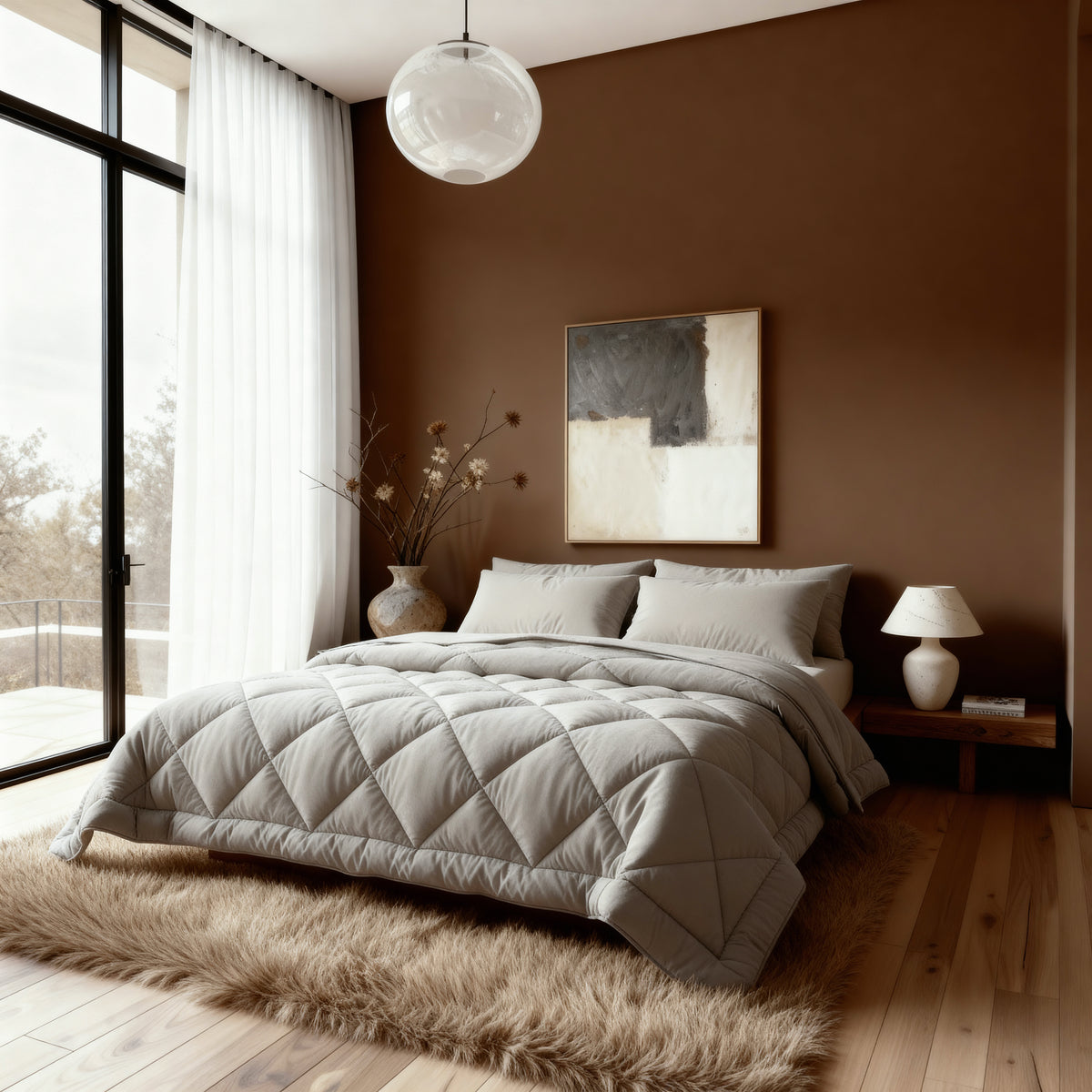 Een moderne slaapkamer met een beige bed in het Zelesta Comfort Uni diamond Dekbed - Zandbeige, een donzig vloerkleed, bruine muren, een groot raam met transparante gordijnen, abstracte muurkunst en een ronde hanglamp.