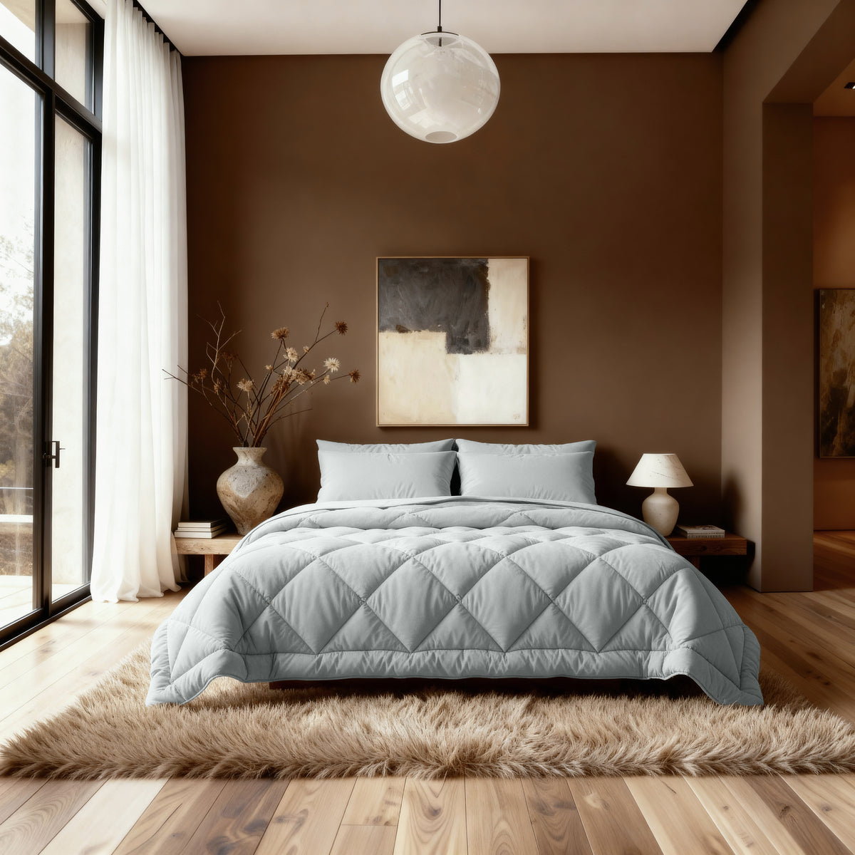 Een moderne slaapkamer met een netjes opgemaakt bed met het Zelesta Comfort Uni diamond Dekbed in grijsblauw, neutraal beddengoed, donzig vloerkleed, bruine muren, abstract kunstwerk, groot raam met transparante gordijnen en decoratieve accessoires aan de bijzettafel.