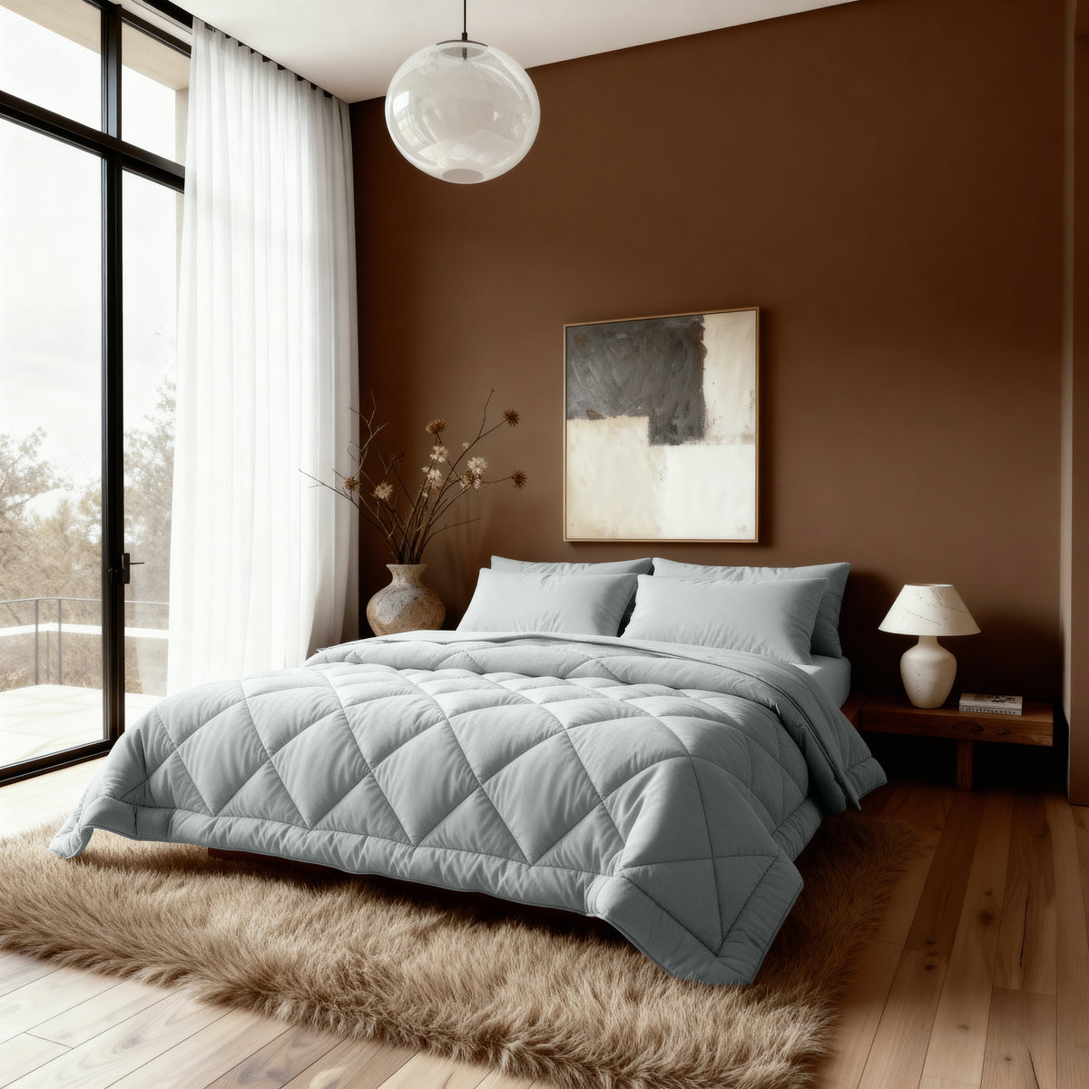 Een moderne slaapkamer met het Zelesta Comfort Uni diamond Dekbed in grijsblauw, Comfort-lijn beddengoed, een bruine accentmuur, groot raam met voile gordijnen, abstracte kunst en een shaggy vloerkleed op houten vloer.