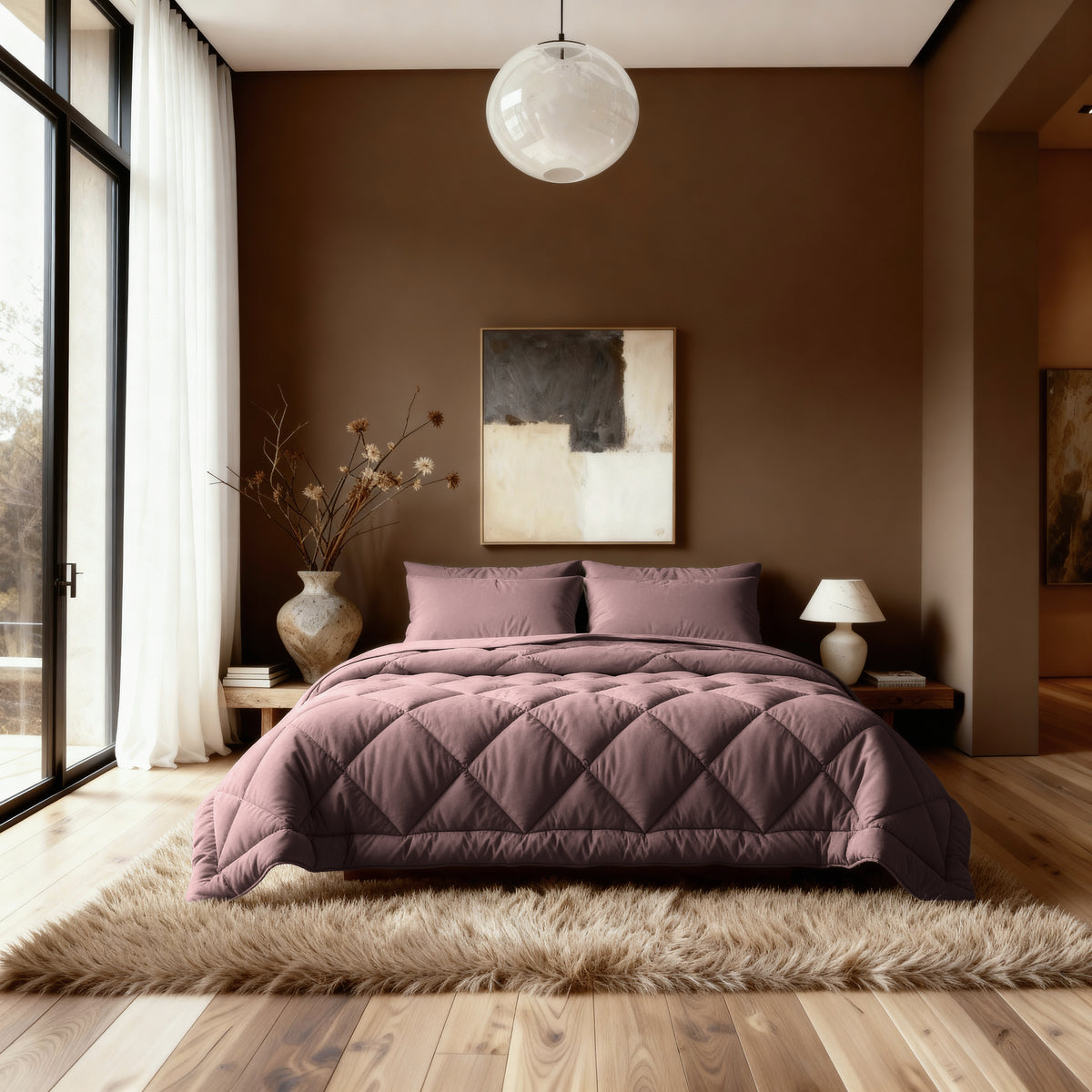 Een moderne slaapkamer met een Zelesta Comfort Uni diamond Dekbed in bordeaux op het bed, abstracte muurkunst, een grote vaas met gedroogde takken, een kleine lamp op het nachtkastje en een ronde hanglamp boven een ruig tapijt.