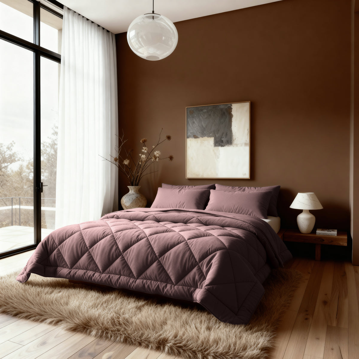 Een moderne slaapkamer met het Zelesta Comfort Uni diamond Dekbed in Bordeaux, een bruine accentmuur, abstract kunstwerk, witte lamp en een groot raam met transparante gordijnen die uitzicht bieden op de buitenlucht.