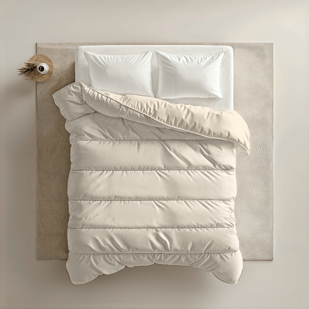 Een keurig opgemaakt bed met twee witte kussens en een zandkleurig Zelesta Royalbed - Sand Beach staat op een licht vloerkleed naast een klein houten nachtkastje met een vaas.