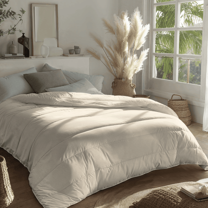 Een netjes opgemaakt bed met een Zelesta Royalbed - Sand Beach fleurt een slaapkamer op met grote ramen, pampagras in potten, rieten manden en een minimale inrichting.