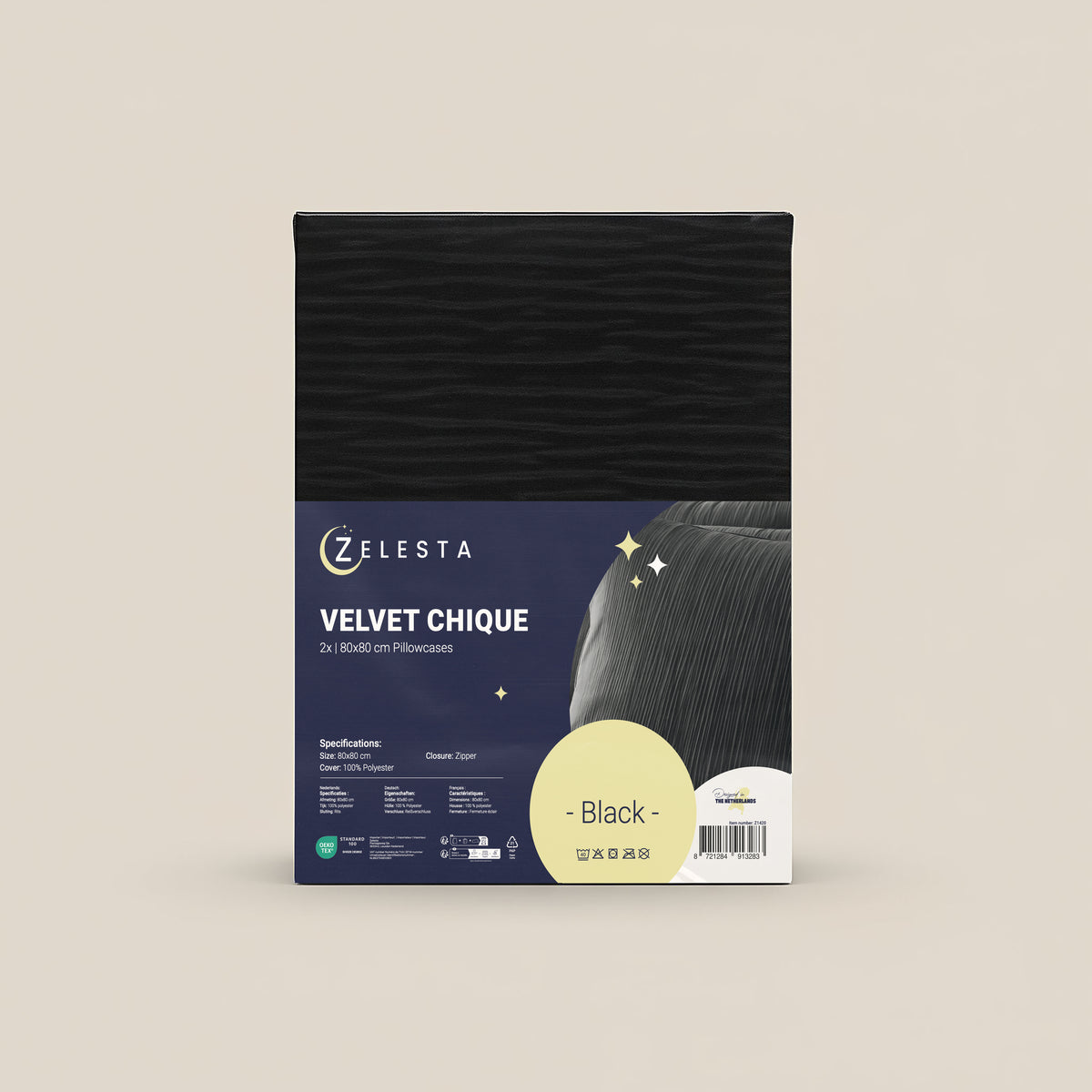 Doos Zelesta Velvetbed Chique Kussensloop Set van 2 in zwart, 100% polyester, met productafbeelding, merknaam en specificaties op de voorkant tegen een neutrale achtergrond. Onderhoudsvriendelijk ontwerp voor gemakkelijk onderhoud.