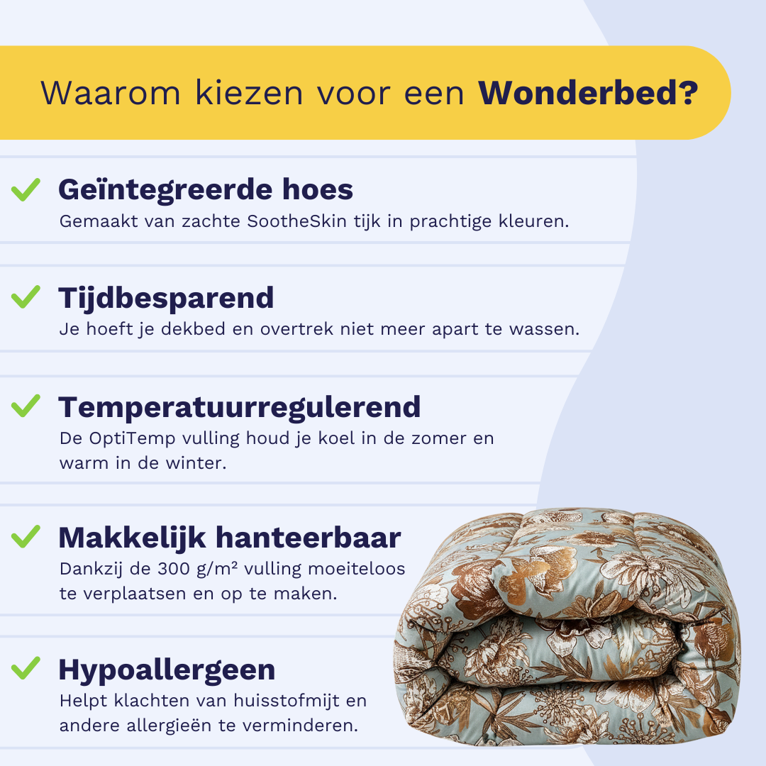 Nederlandstalige infographic met Zelesta Wonderbed - Botanic Chique voordelen naast een gevouwen dekbed met bloemmotief: wasbaar dekbed, geïntegreerde hoes, tijdbesparend, temperatuurregeling, makkelijk in gebruik en anti-allergisch.