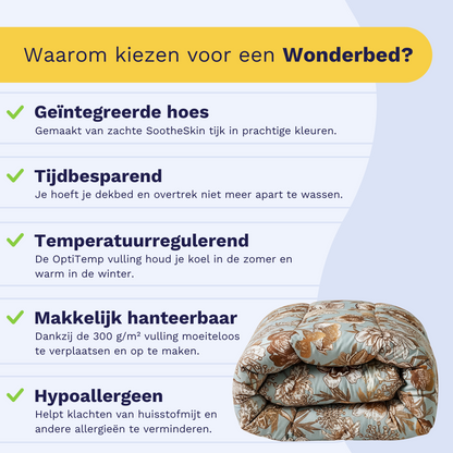 Nederlandstalige infographic met Zelesta Wonderbed - Botanic Chique voordelen naast een gevouwen dekbed met bloemmotief: wasbaar dekbed, geïntegreerde hoes, tijdbesparend, temperatuurregeling, makkelijk in gebruik en anti-allergisch.