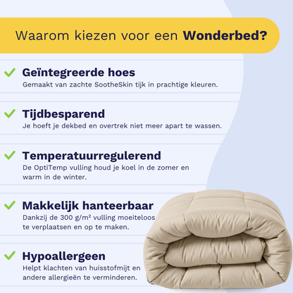 Nederlandse tekst benadrukt de voordelen van het Zelesta Wonderbed Katoen - Desert Sand: geïntegreerde tijk, tijdbesparend, temperatuurregulerend, makkelijk hanteerbaar, hypoallergeen en wasbaar dekbed. Opgevouwen dekbed afgebeeld.