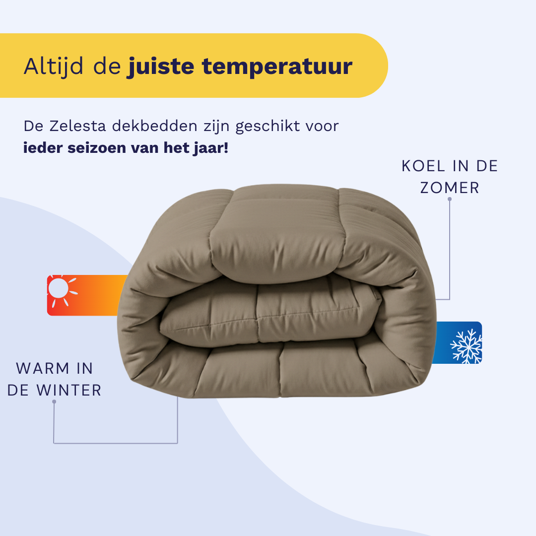 Het opgevouwen Zelesta Wonderbed - Natural Taupe biedt het hele seizoen comfort - warm in de winter, koel in de zomer. Dit wasbare dekbed is anti-allergisch, waardoor het het hele jaar door een praktische en stijlvolle keuze is.