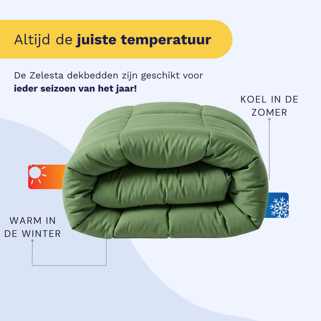 Het Zelesta Wonderbed - Timeless Green is een opgevouwen, anti-allergeen dekbed dat je warm houdt in de winter en koel in de zomer - perfect voor een hotelkamer, ideaal voor elk seizoen.